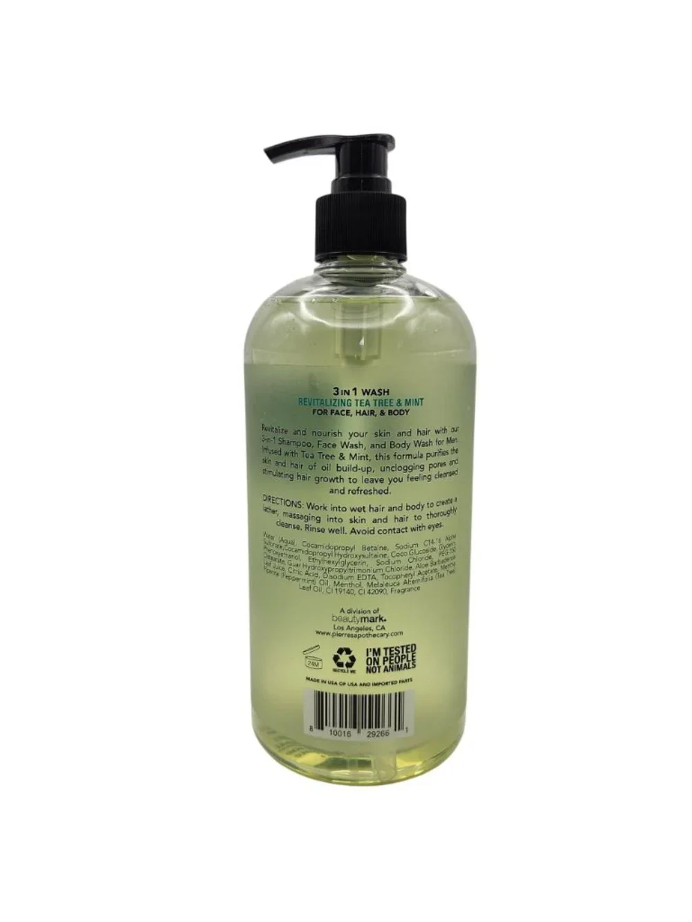 Pierres Apothecary Mens 3 in 1 Wash For Face Hair & Body Tea Tree And Mint 24oz